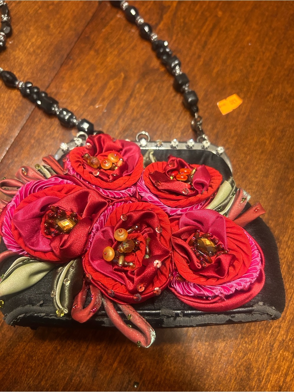 Mary Frances Red and Black Floral Beaded Evening Clutch
